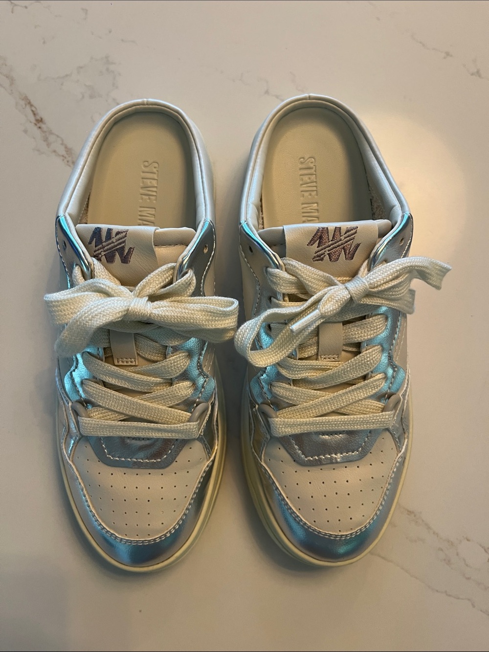 Steve Madden White Sneakers with Iridescent Silver Accents